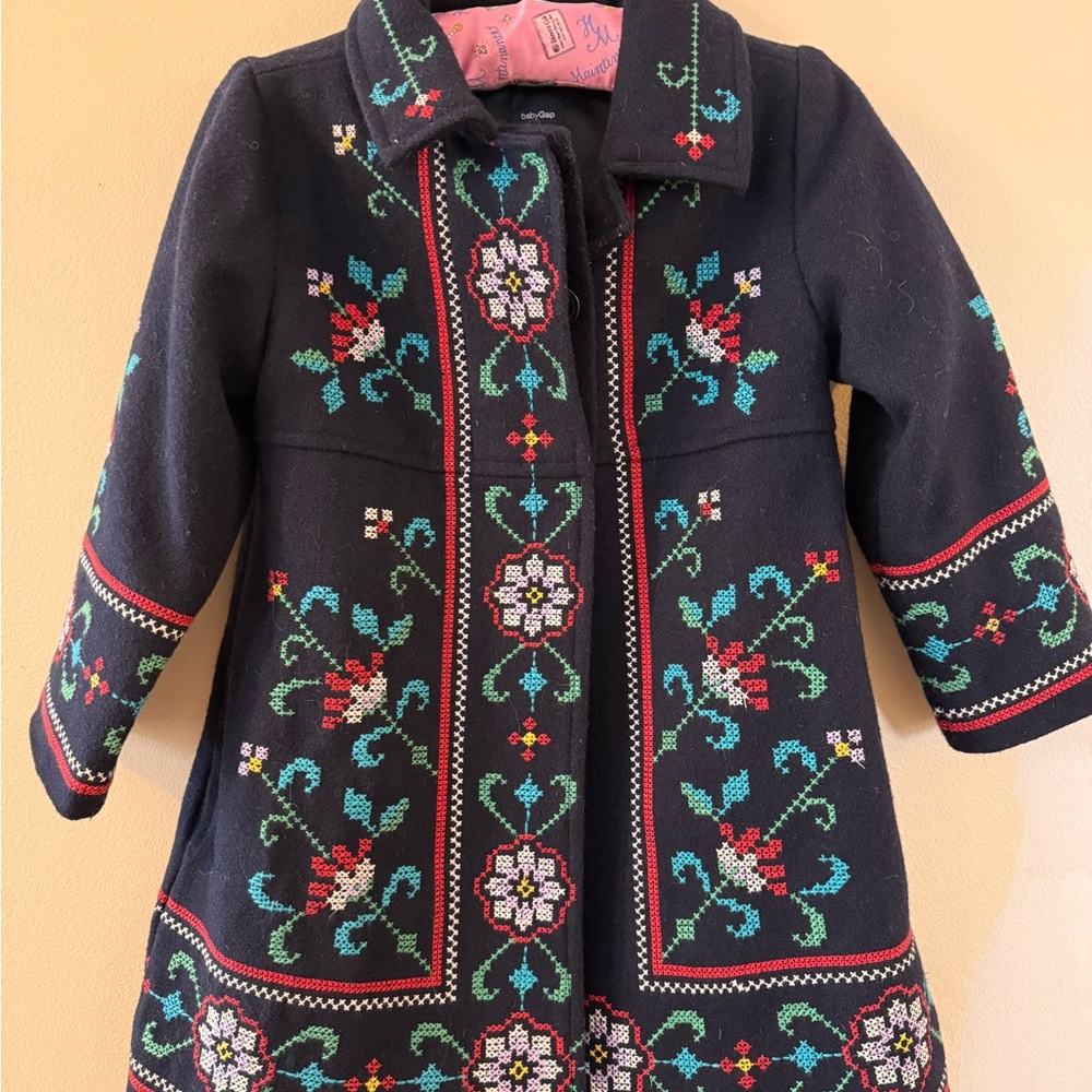 GAP Navy Kids Pea Coat with Colorful Embroidery 3T/years